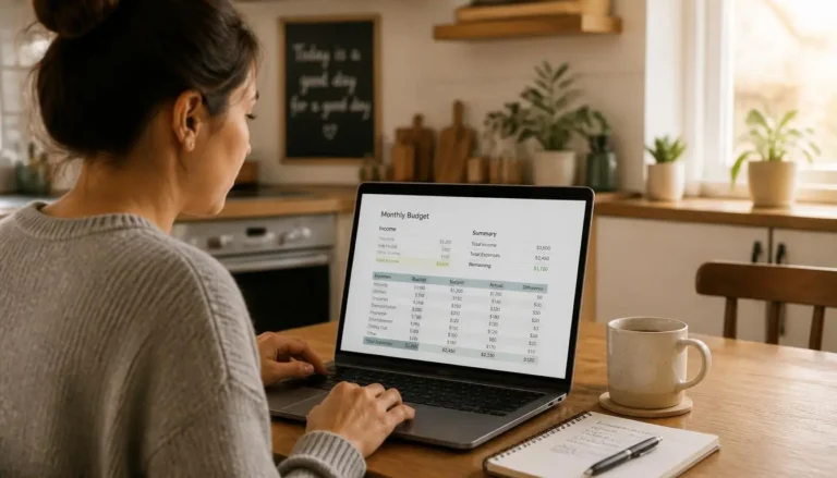 Person reviewing a simple monthly budget spreadsheet at home