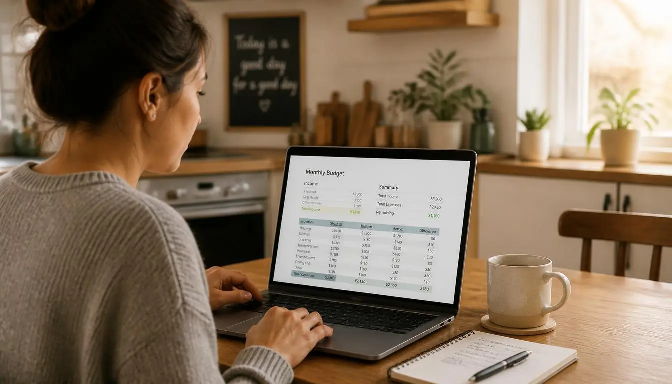 Person reviewing a simple monthly budget spreadsheet at home