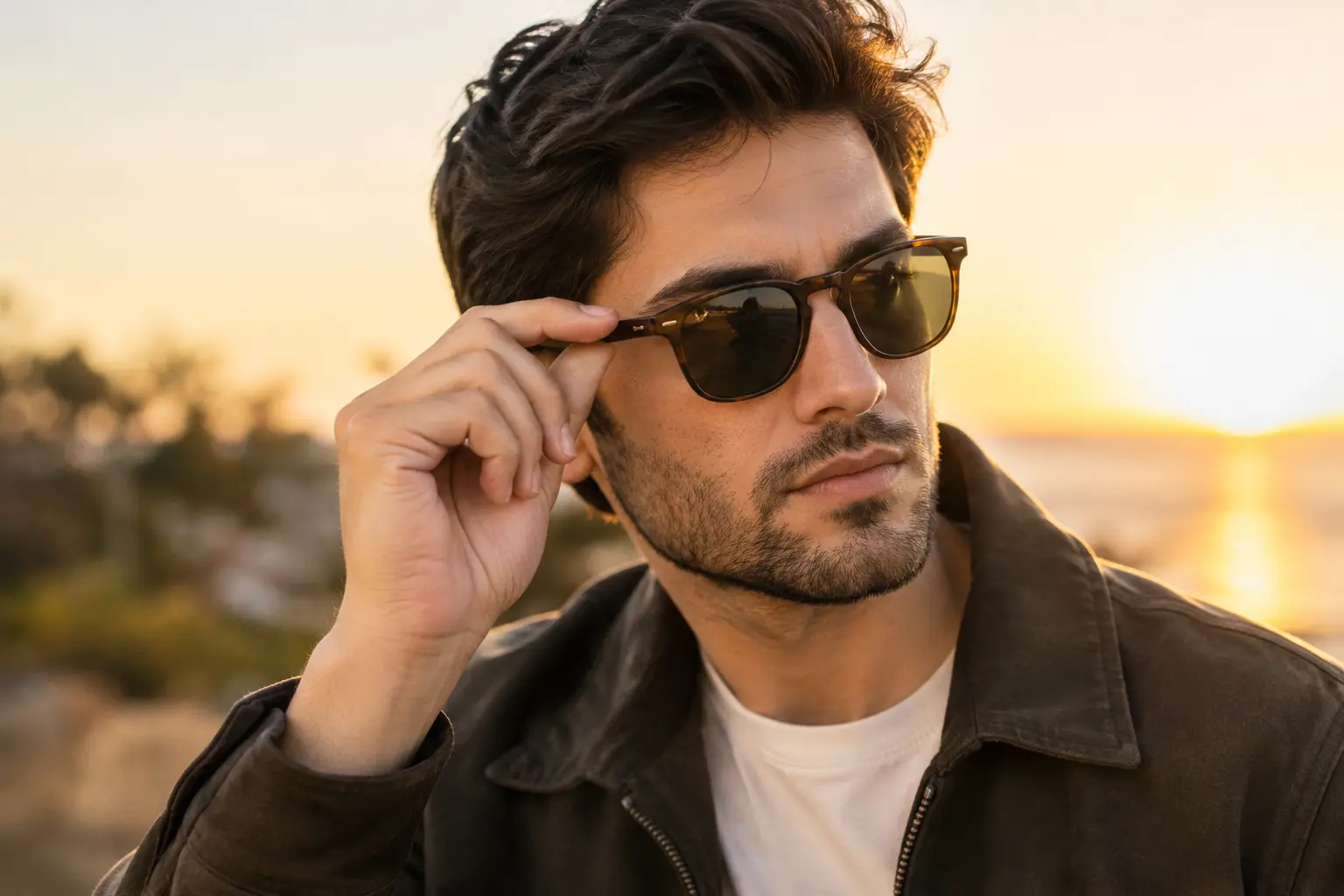 Person trying on sunglasses chosen to flatter their specific face shape
