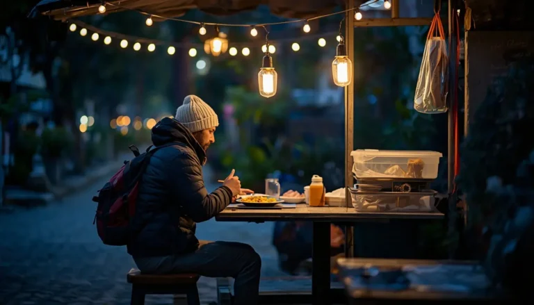 Traveler enjoying authentic local food while traveling on a tight budget