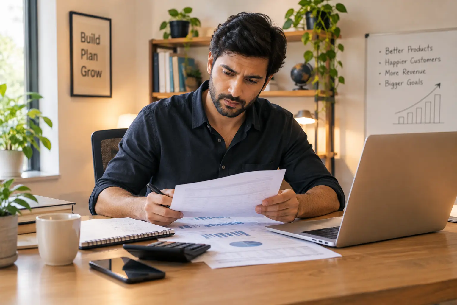 Entrepreneur reviewing funding options while starting a new business