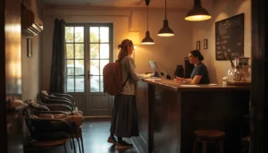 Traveler checking into affordable, safe accommodation during a trip