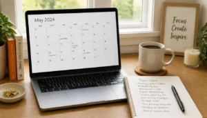 Desk with a laptop and notebook used for planning an AI assisted content calendar