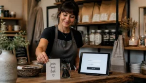 Small business owner offering an email signup card at the shop counter
