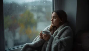 Person sitting by a rainy window with a warm drink, taking a quiet moment during a hard time