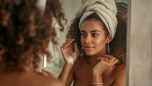Woman applying leave in conditioner to curly hair during a wash day routine