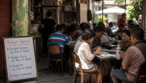 Locals eating at a busy neighborhood lunch spot with a handwritten daily special board