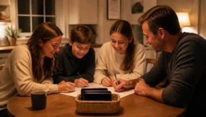Family writing a digital safety agreement together at the kitchen table with phones in a basket