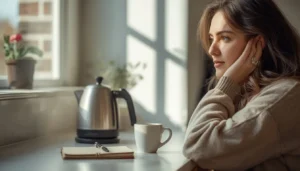 Woman using a kettle moment in her morning routine to start a small new habit