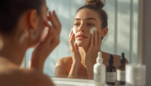 Person applying the right moisturizer for their skin type after cleansing