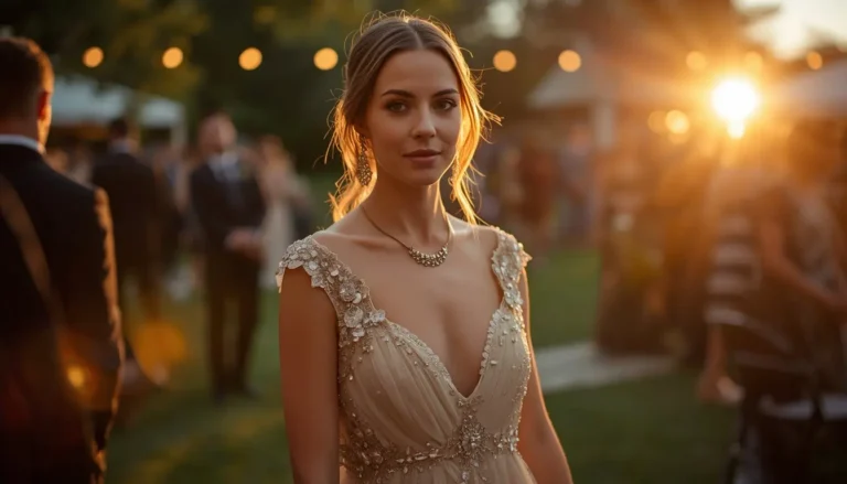 Wedding guest dressed appropriately for a cocktail attire dress code