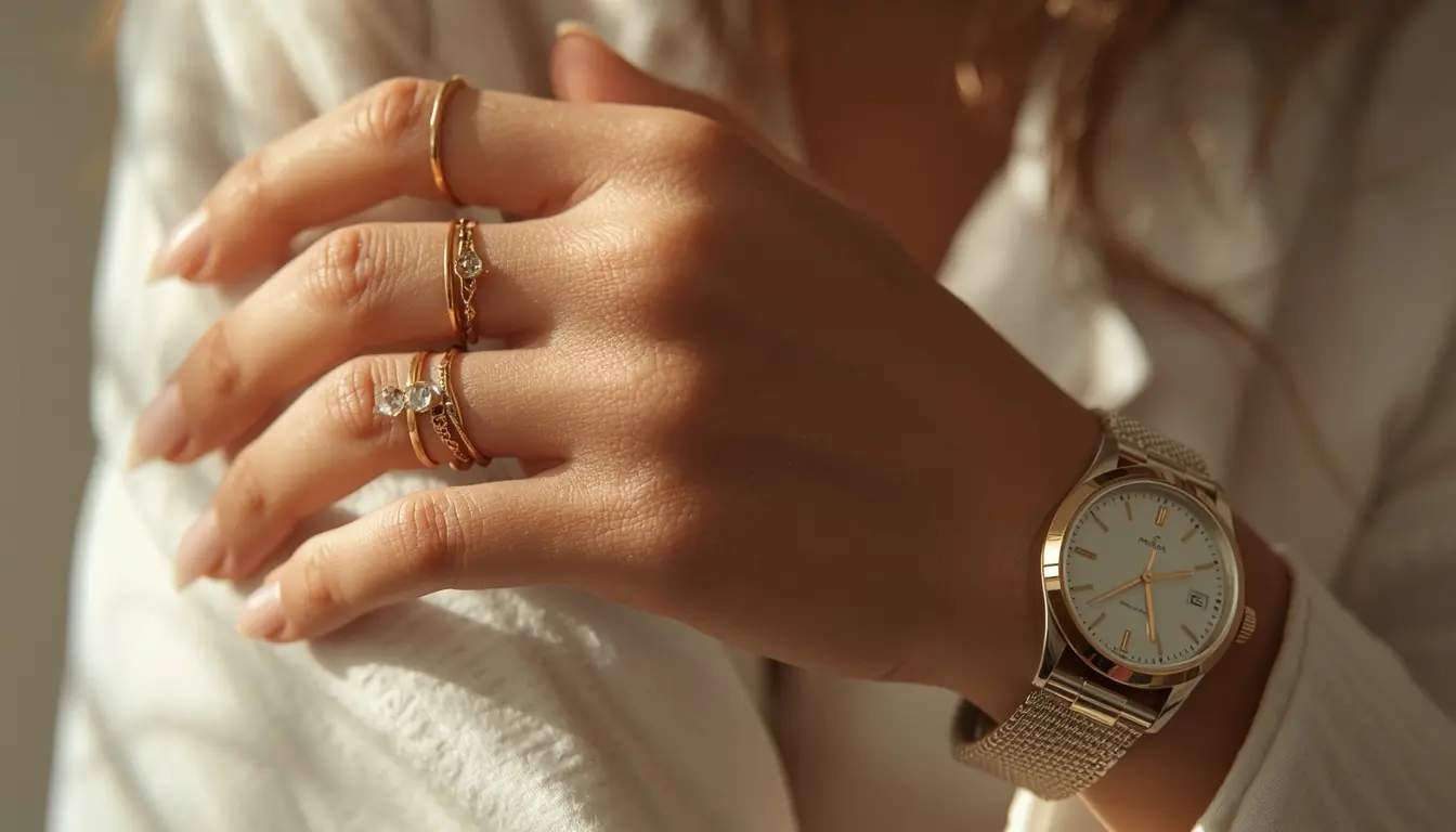Mixed gold and silver jewelry styled together intentionally