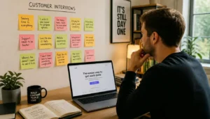 Founder reviewing customer interview notes and a landing page draft to validate a business idea