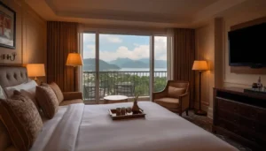 Elegant luxury hotel room representing the decision of whether to splurge on accommodation