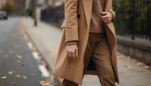 Woman in a layered camel coat and fine knit outfit that looks sleek rather than bulky