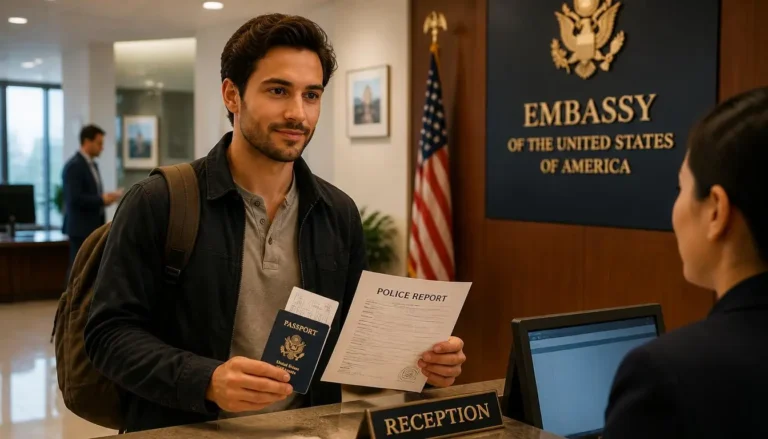 Traveler handling a lost passport situation at an embassy abroad