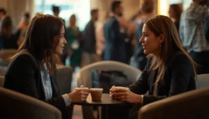 Two professionals having a calm one to one conversation at the edge of a busy networking event