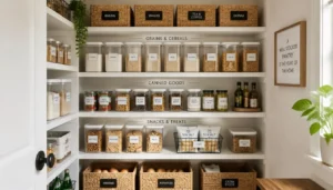 Pantry organized into labeled zones for easier meal prep