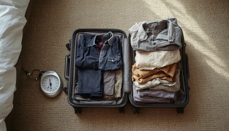 Open carry on suitcase beside a luggage scale while packing light to avoid baggage fees