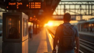 Traveler with a carry on on a train platform between stops of a multi-city trip