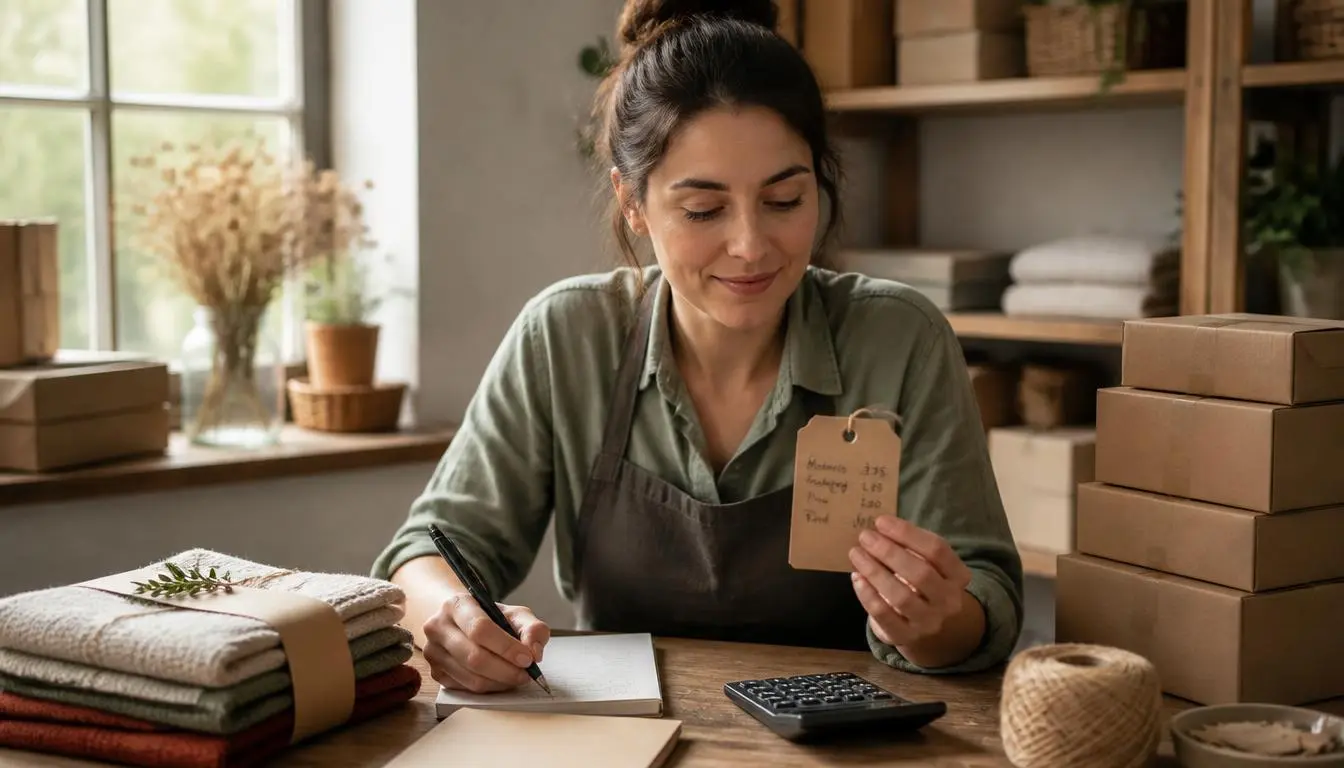 Small business owner working out product prices with a calculator and handwritten cost tag