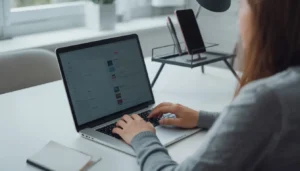 Person working with a laptop while their phone sits across the room to reduce screen time