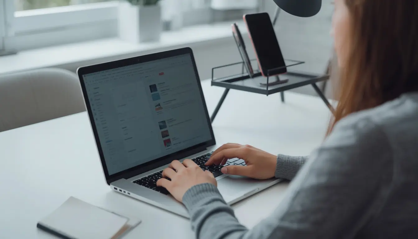 Person working with a laptop while their phone sits across the room to reduce screen time