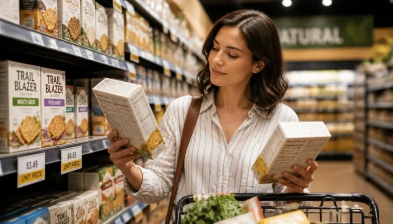 Shopper comparing unit prices to save money on groceries without sacrificing quality