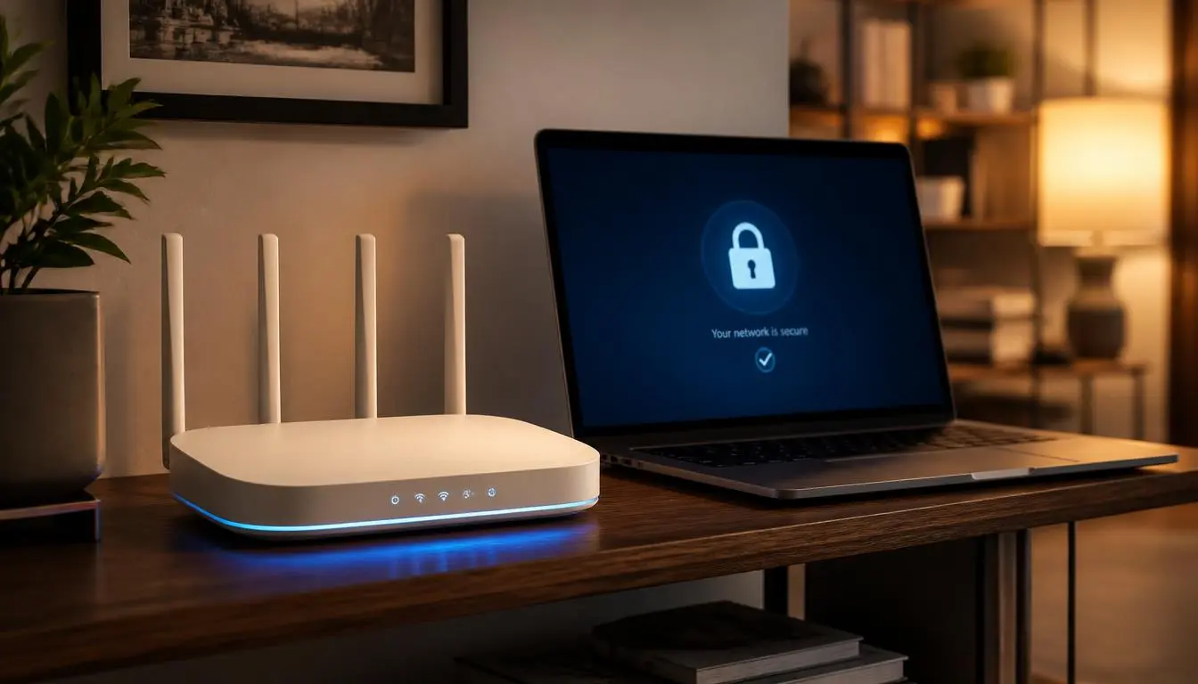 Home router secured with strong Wi-Fi settings glowing on a shelf