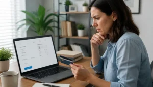 Shopper carefully checking an online checkout page before paying with a card