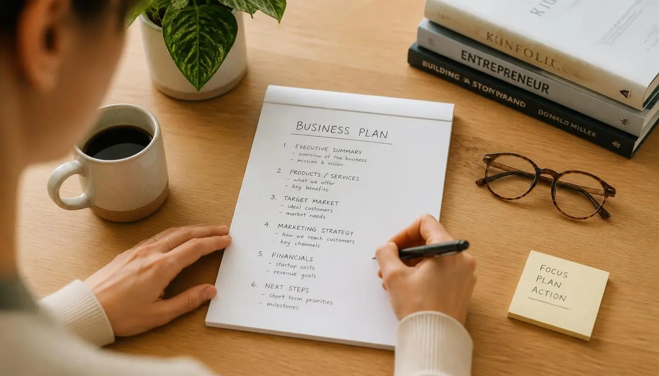 Person writing a simple one page business plan for a side hustle