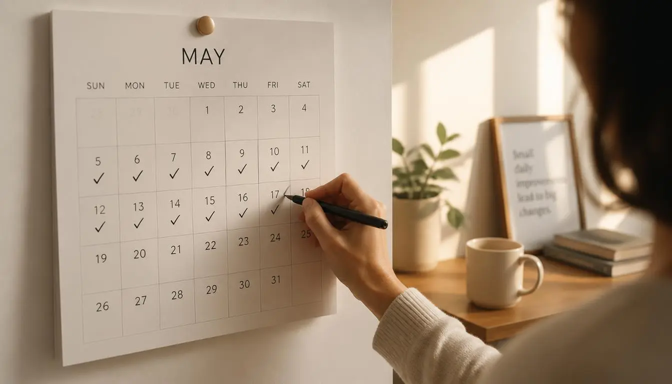 Person tracking consistent progress on a habit using a simple calendar