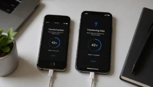 Old and new smartphones side by side during a data transfer