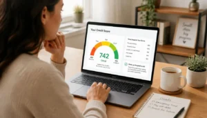 Person reviewing their credit score and the factors that shape it