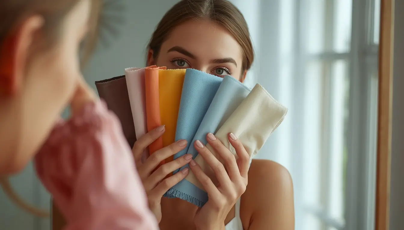 Person testing fabric colors against their face to find their best color palette